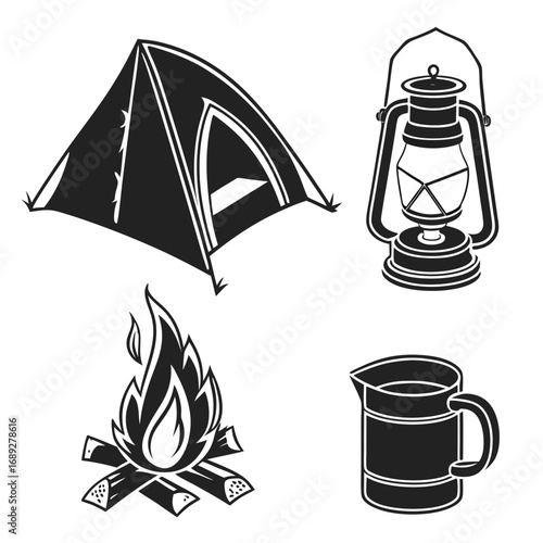 A collection of camping essentials including a tent a lantern a campfire and a jug presented in a simple black and white graphic style