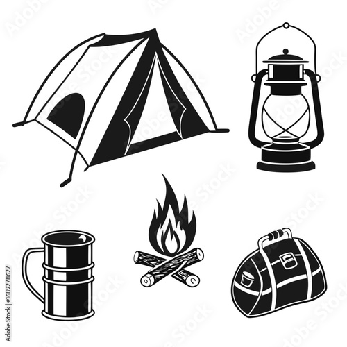 Collection of black and white camping icons including a tent lantern campfire mug and duffel bag perfect for outdoor adventure themes