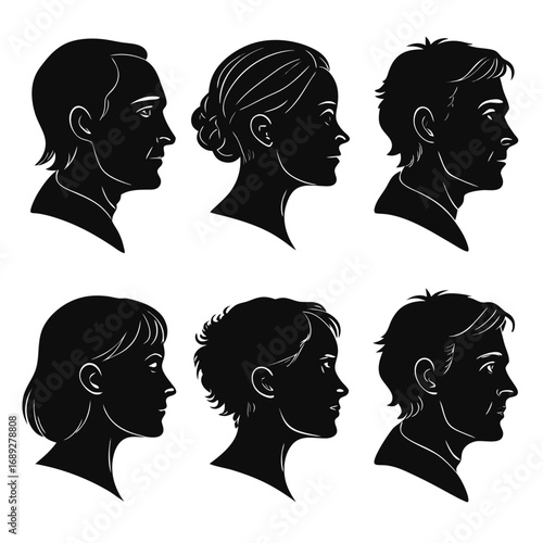 Collection of six diverse black and white silhouette profiles of men and women showcasing different hairstyles and facial features isolated on a white background