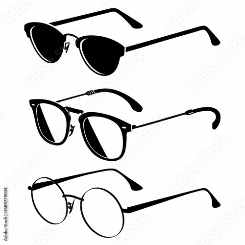 Collection of three distinct styles of black silhouette eyeglasses including sunglasses round glasses and modern framed spectacles isolated on a white background