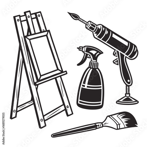 Artistic tools including a wooden easel with a blank canvas a spray bottle a paintbrush and a heat tool or soldering iron presented in a black and white illustration style