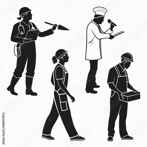 Diverse silhouettes of professionals including a doctor chef construction worker and gardener illustrating various occupations and careers