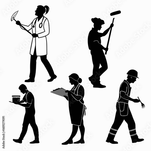 Diverse group of professionals in silhouette including a doctor painter construction worker chef and medical professional on a white background representing various careers and occupations