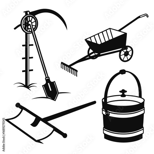 Collection of vintage agricultural and gardening tools including a scythe shovel rake wheelbarrow hoe and bucket presented as black silhouettes on a white background