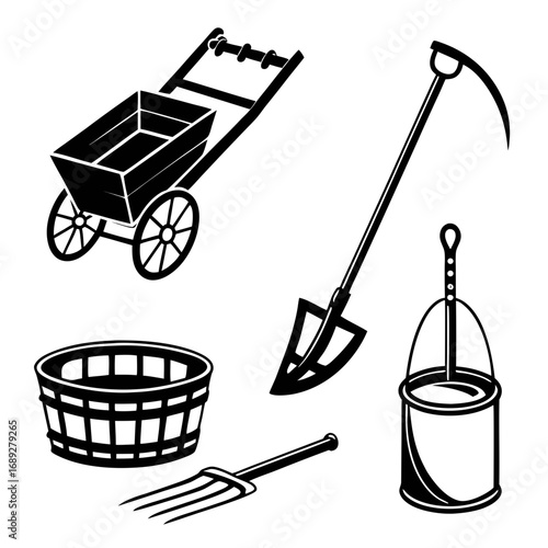 Collection of agricultural and gardening tools including a wheelbarrow shovel pitchfork basket and churn presented in a clean black and white graphic style for design use