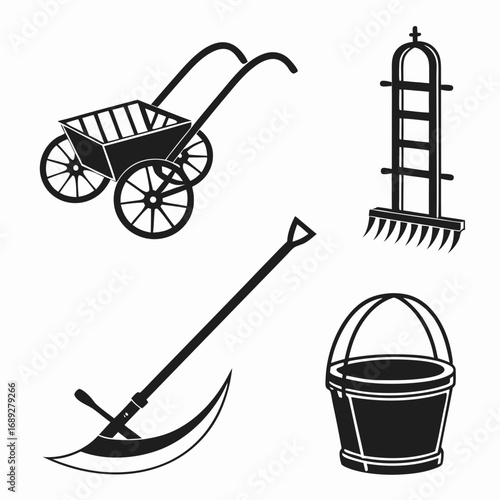 Collection of black silhouette icons representing traditional farming and gardening tools including a wheelbarrow scythe rake and bucket on a white background