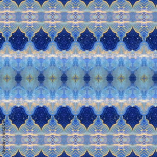 Symmetrical abstract texture of deep blue and golden accents, creating a layered kaleidoscope design with a visionary effect.