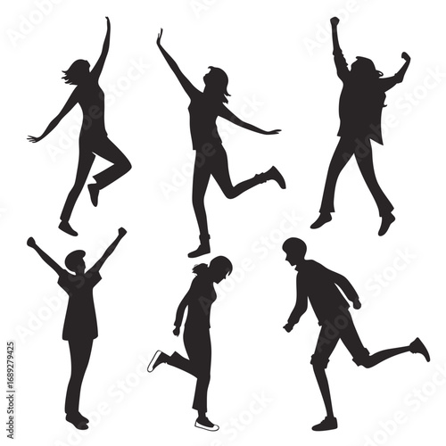 Collection of dynamic black silhouettes of diverse people jumping running and celebrating with arms raised in joyful expressions against a clean white background