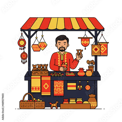 Vendor Selling Traditional Handmade Crafts at Market Stall