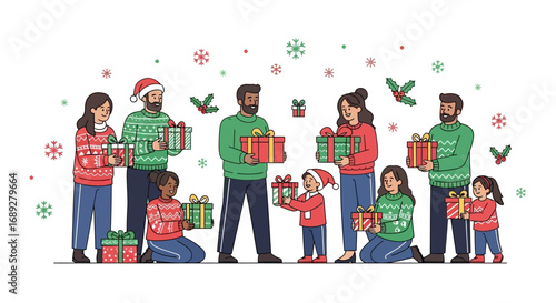 Diverse family group exchanging Christmas gifts, festive holiday scene.