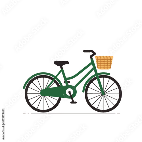 Green City Bicycle with Front Basket Flat Vector Illustration