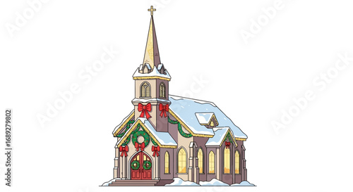 A snow-covered church decorated for Christmas, adorned with wreaths and bows.