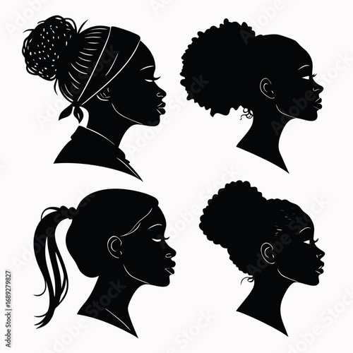 Four diverse black women s silhouettes in profile showcasing different hairstyles and head coverings representing beauty and identity