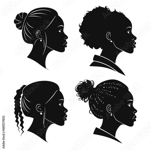 Four diverse black women silhouettes showcasing different hairstyles and elegant profiles against a clean white background