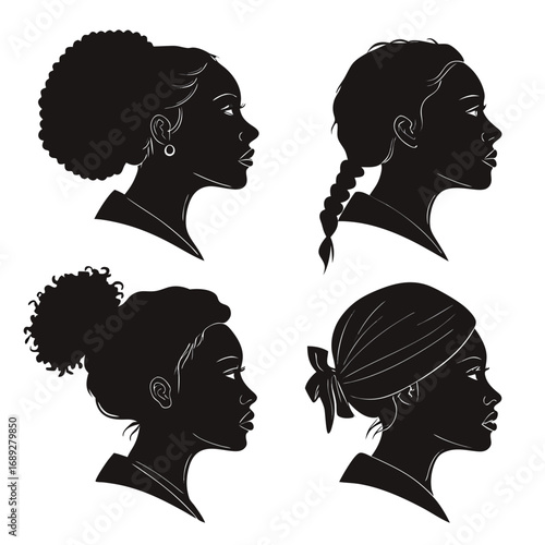 Diverse black women silhouettes showcasing various hairstyles afro bun braid tied back headscarf profile views