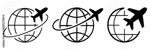 Global travel airplane icons representing international flights. Set of global travel airplane icons