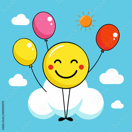 Happy smiley face character floating with balloons in the sky