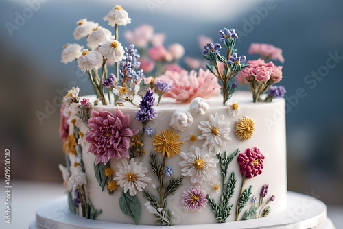 A floral-themed wedding cake decorated with wildflowers, offering a natural yet elegant design for an outdoor wedding celebration