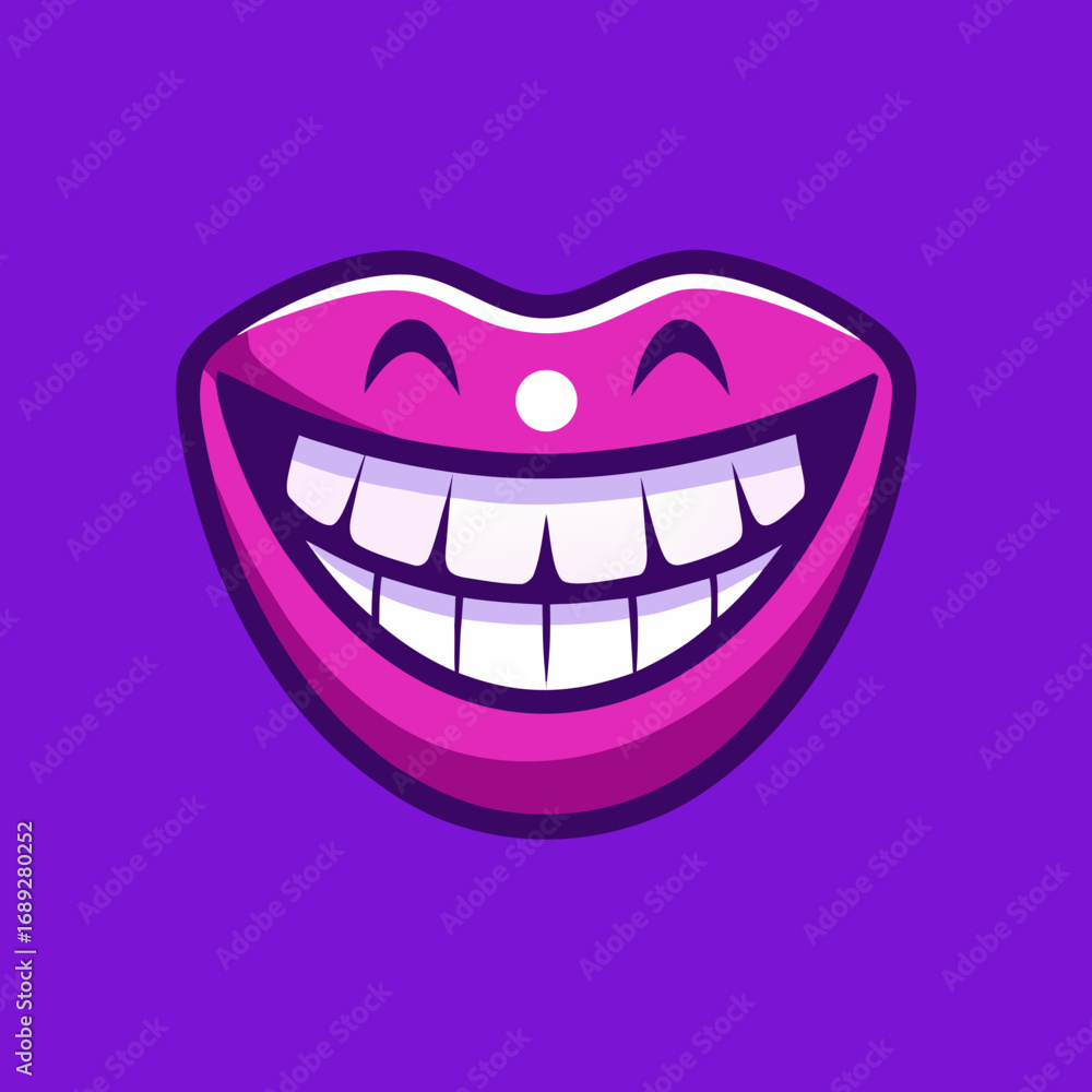 Naklejka premium Vibrant pink lips with a wide grinning smile on purple background