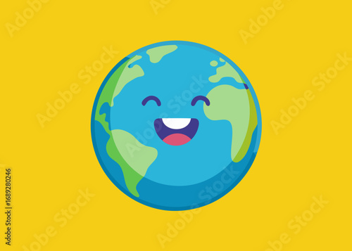 Happy cartoon earth character smiling brightly on yellow background