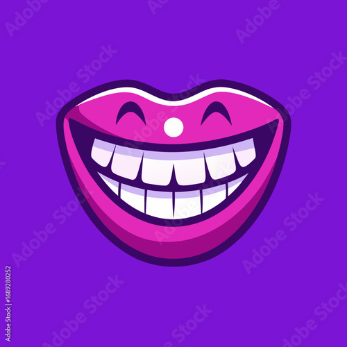 Vibrant pink lips with a wide grinning smile on purple background