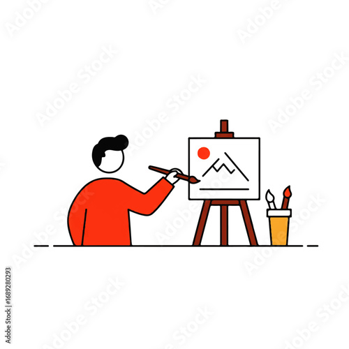 Artist painting on easel flat design vector illustration