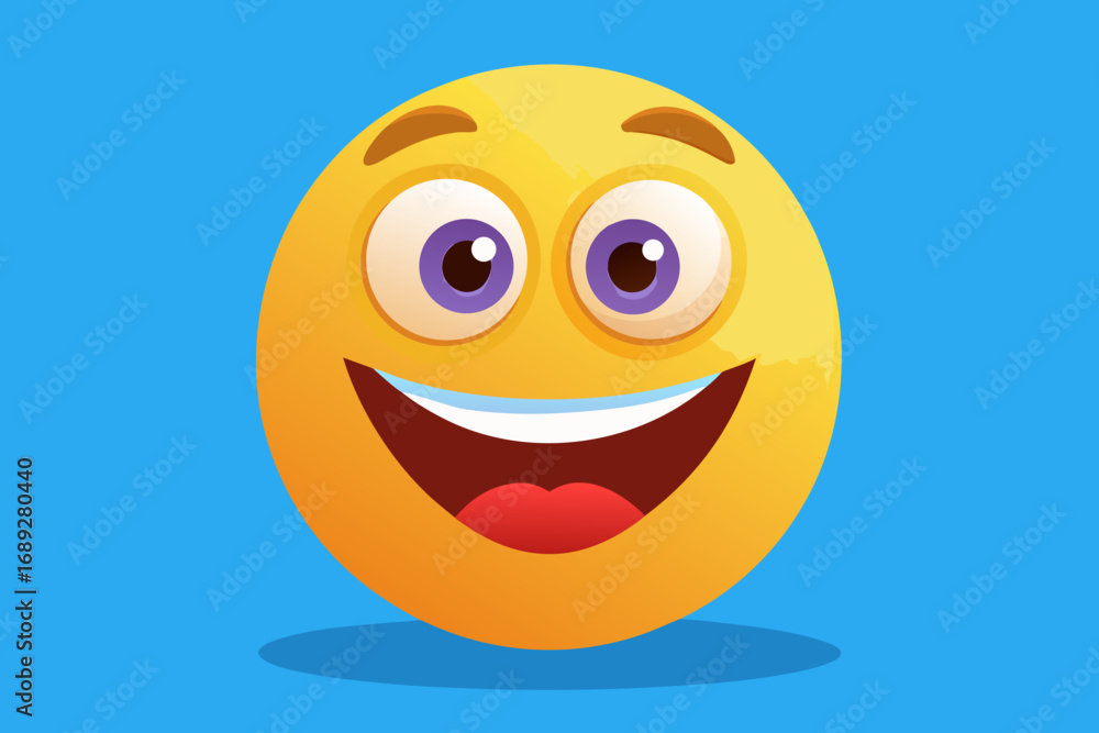 Fototapeta premium Joyful cartoon emoji with big smile and purple eyes
