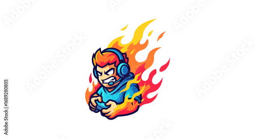 Fiery Gamer with Headphones Holding Controller, Intense Action.