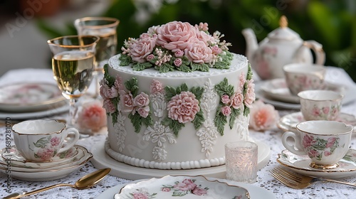 A garden tea party birthday featuring a pastel floral cake and fine china set on a lace tablecloth surrounded by lush greenery