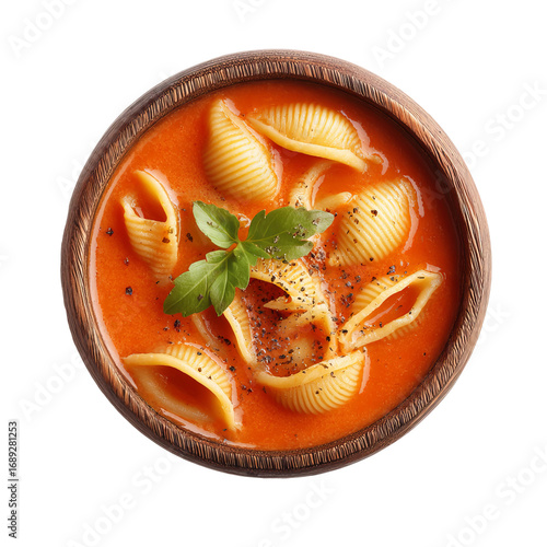 wooden bowl of tomato soup with conchiglie pasta isolated
