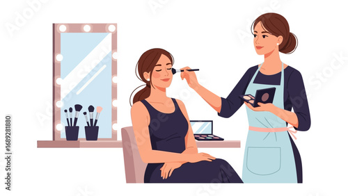 Professional makeup artist applying blush to a client s face with a makeup brush in a beauty salon setting