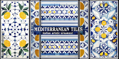 Collection of mediterranean italian artistic ornamental tiles featuring lemons and blue white patterns