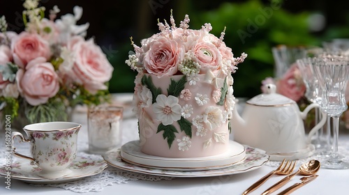 A garden tea party birthday featuring a pastel floral cake and fine china set on a lace tablecloth surrounded by lush greenery