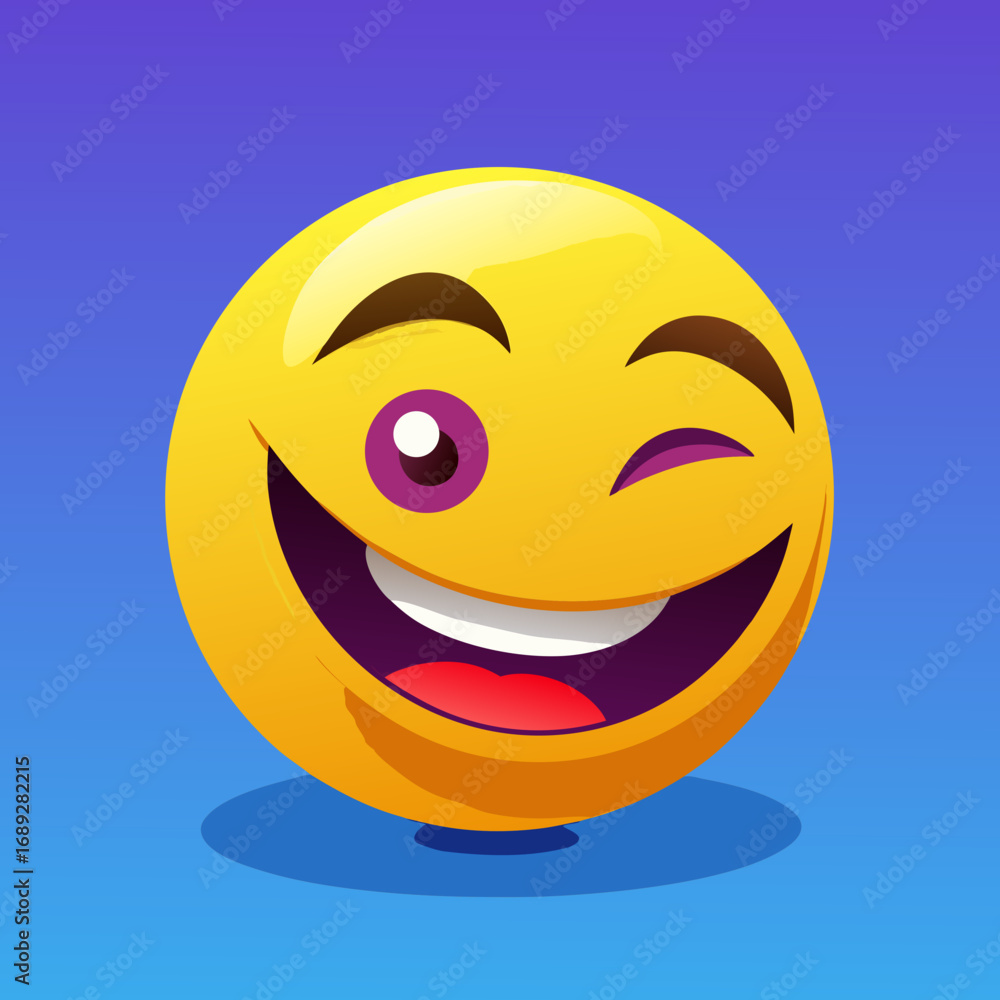 Fototapeta premium Joyful winking emoji with a big smile and purple eye