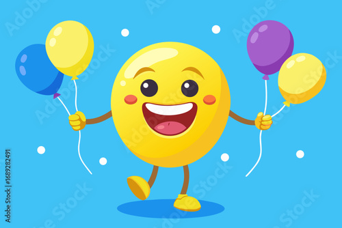 Happy smiley face character holding balloons
