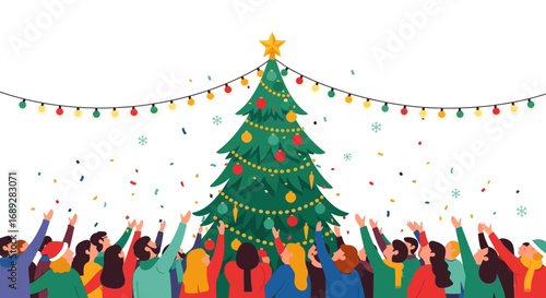A crowd of people raising their hands towards a decorated Christmas tree with lights and a star on top, confetti falling.