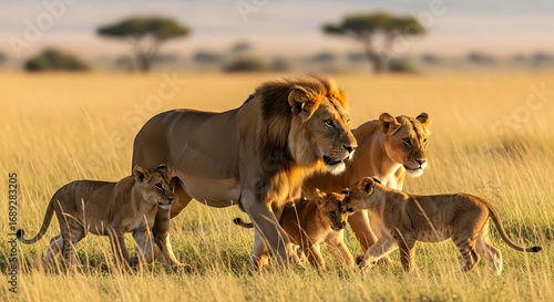 Fototapeta Naklejka Na Ścianę i Meble -  Lion family walking through golden savanna grassland during sunset in Kenya, Africa, showcasing unity and the beauty of wildlife.
