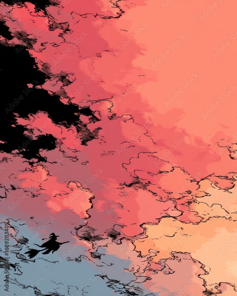 Obraz premium A person enjoys the colorful sunset, surrounded by swirling clouds painted in shades of pink and orange