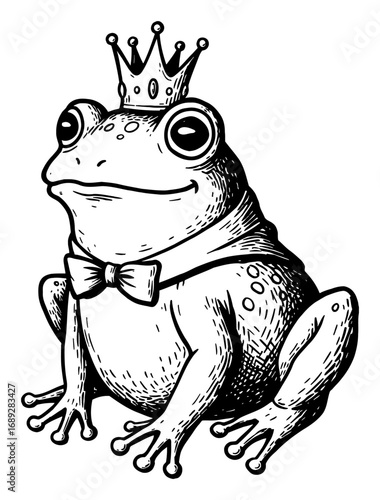 Cute Frog Wearing Crown and Bow Tie Black and White Outline Line Art Drawing Isolated Object