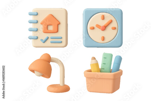 Set of 3D icons for business and education with clock, desk lamp, pencil holder, and real estate document in a soft plastic style