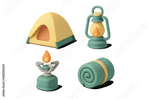 Set of 3D style camping equipment icons with a tent, lantern, portable stove, and rolled sleeping bag for outdoor adventure and travel