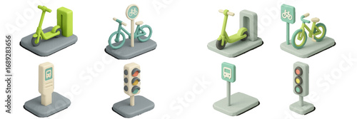3D isometric icon set of urban public transport including electric scooter sharing, bicycle parking, bus stop, and traffic light