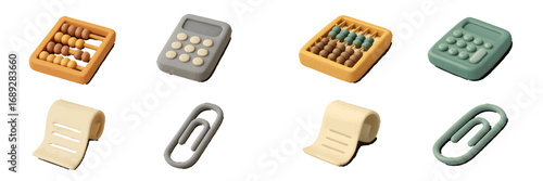 Minimalist 3D business and finance icon set featuring a calculator, abacus, paperclip, and receipt with a soft clay aesthetic on an isolated white background
