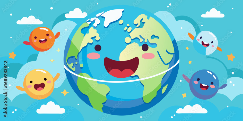 Fototapeta premium Happy cartoon earth and friends in a blue sky