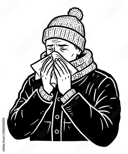 Sick Man Blowing Nose with Tissue Wearing Winter Clothes Black and White Outline Line Art Drawing