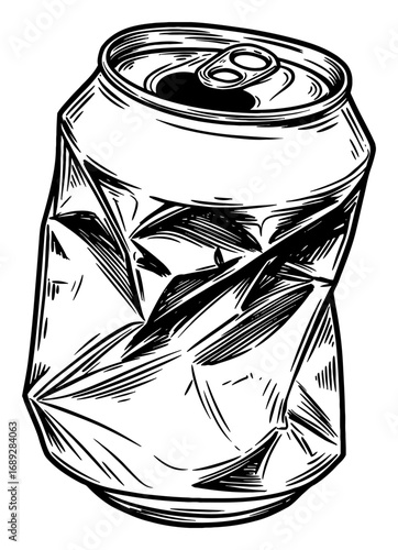 Crushed Soda Can Black and White Outline Line Art Drawing Vintage Engraving Style Isolated Object