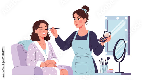 Professional makeup artist applying cosmetics to a client in a salon setting with tools and mirror