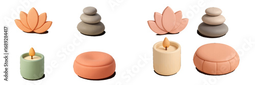 3D spa and meditation symbols with zen stones, lotus flower, and candle for wellness and relaxation concepts