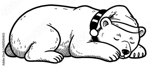 Cute Adorable Sleeping Polar Bear Wearing Nightcap Black and White Outline Line Art Drawing Illustration