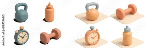 Claymorphism style fitness icon set featuring a kettlebell, dumbbell, and stopwatch for gym and workout themes
